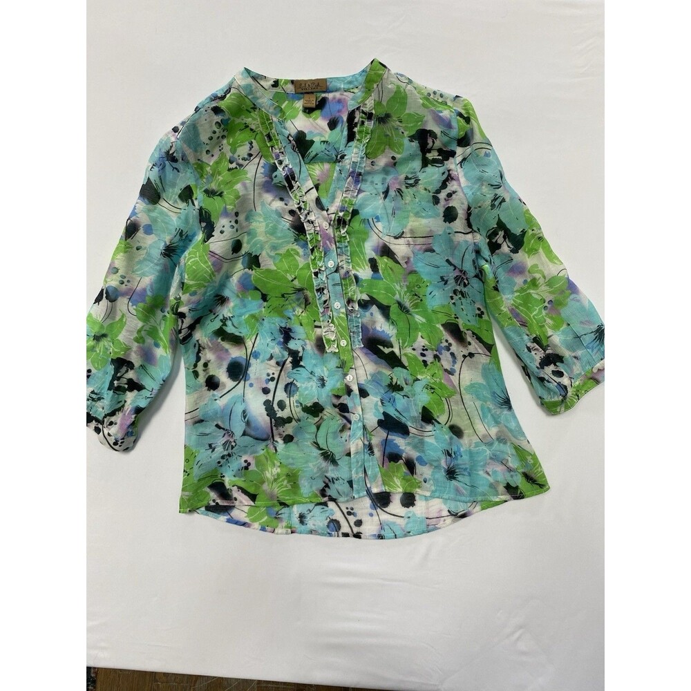 Peck & Peck Weekend Floral Blouse Large Green Blue Button Front Ruffle V-Neck L